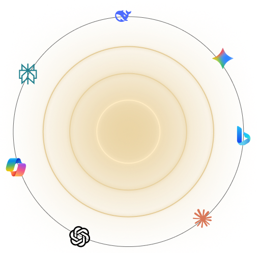 AI tool logos, including OpenAI and Gemini, orbiting a central glowing sphere.