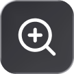A white magnifying glass with a plus sign sits on a dark charcoal rounded-square button, indicating zoom in; a clean, high-contrast interface icon.