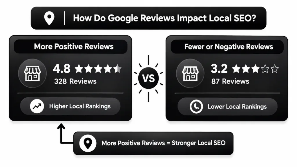 Graphic comparing positive vs negative Google reviews on local SEO.