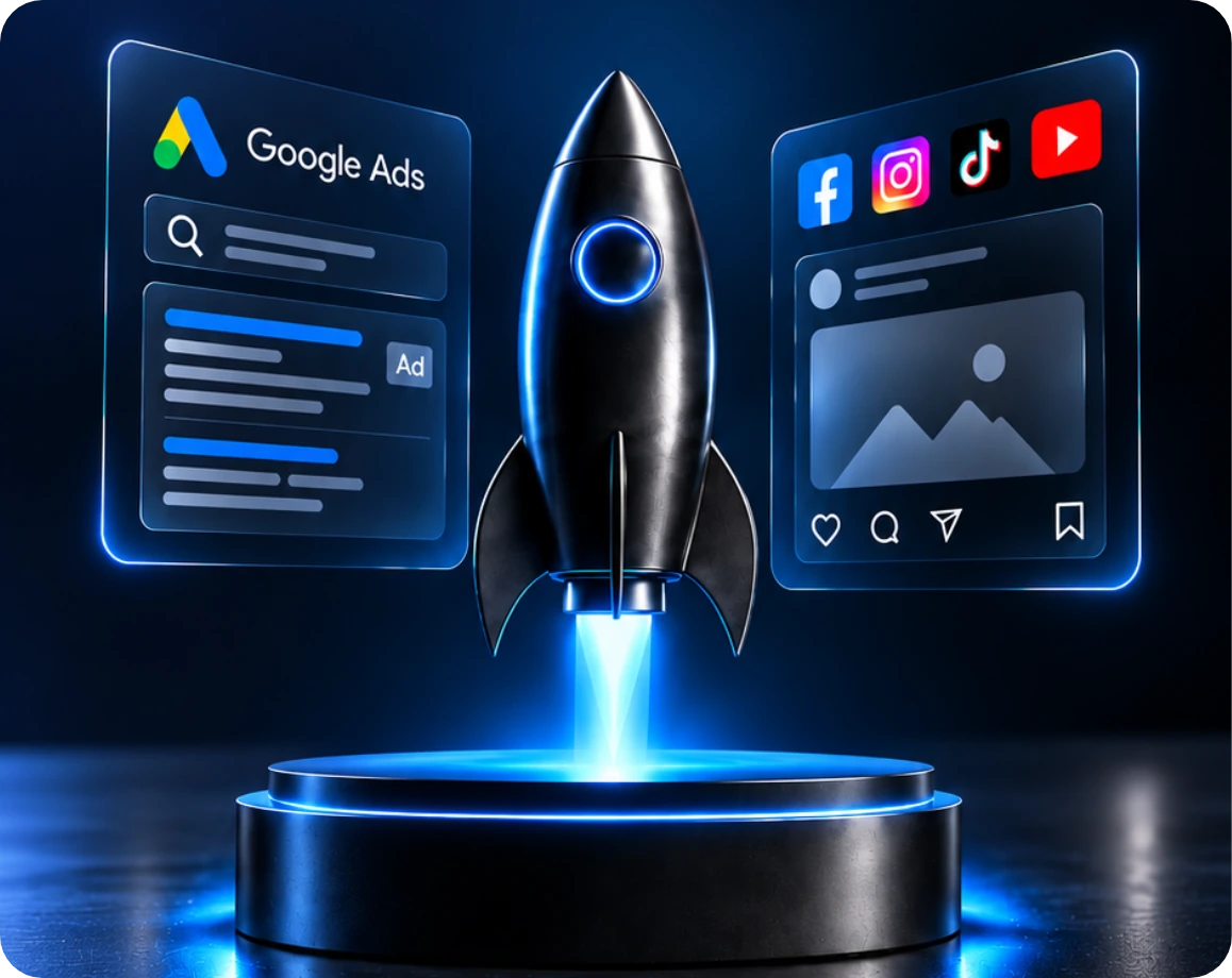 A sleek black rocket launches from a glowing blue platform between Google Ads and social media panels, conveying energetic, futuristic digital marketing growth.