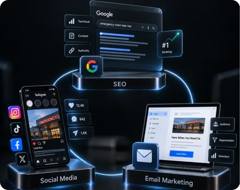 Glowing display links Google emergency-room search rankings, social media posts, and email marketing on a dark stage, conveying a polished digital marketing strategy.